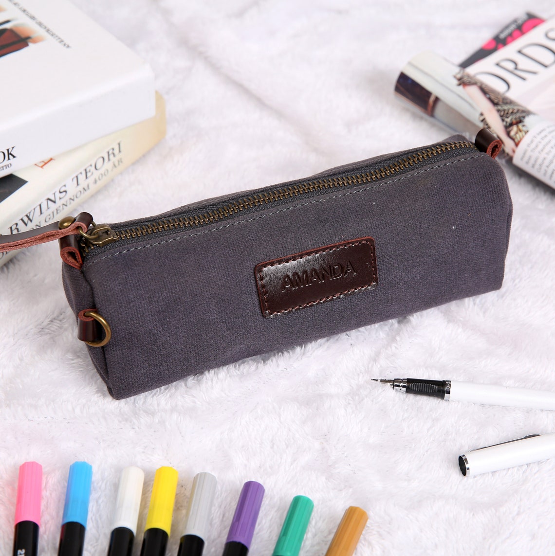 Personalized Waxed Canvas & Leather Handmade Pencil Case/ Makeup Pouch –  MCW Handmade Gifts