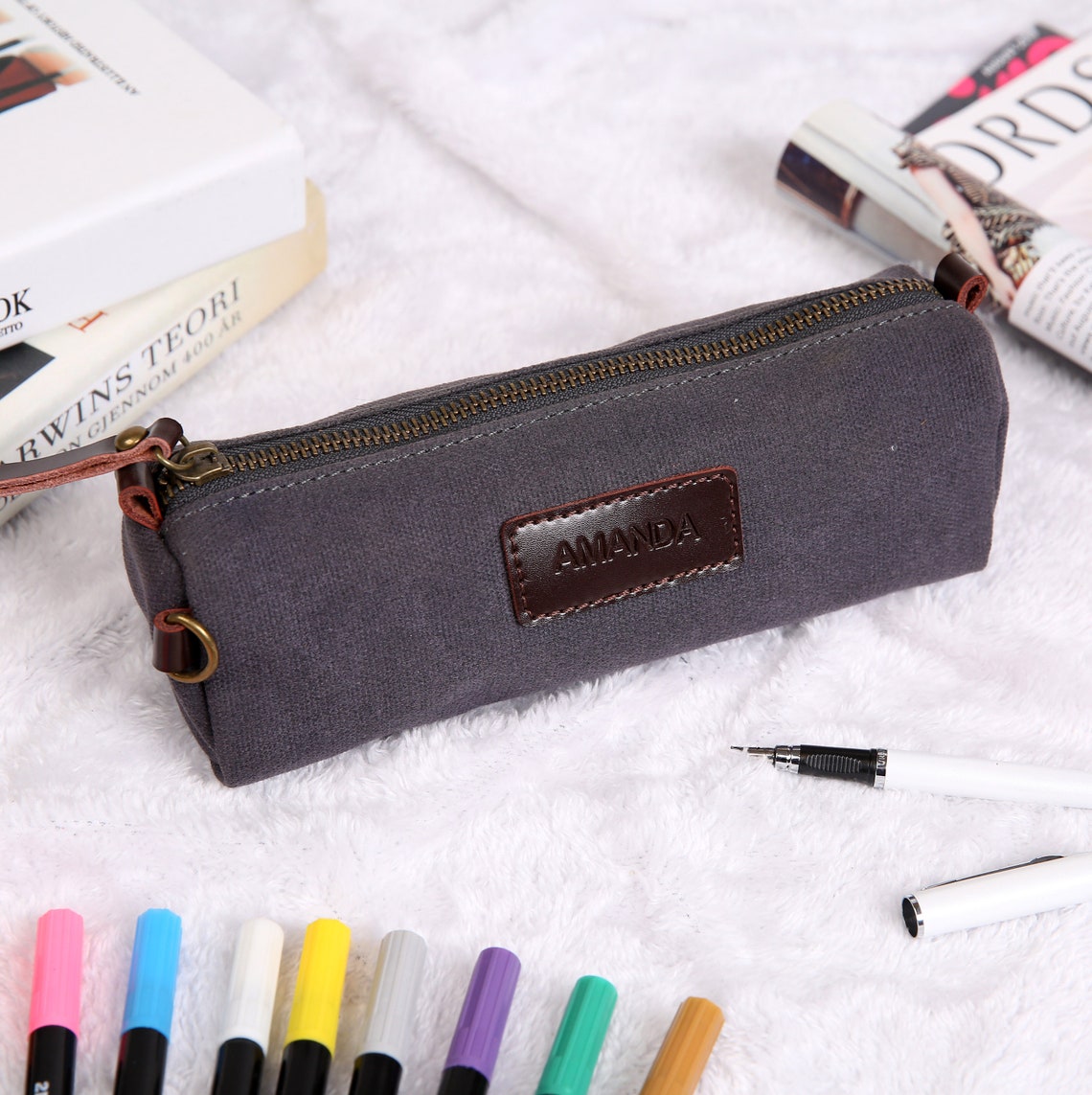 Personalized Waxed Canvas Leather Handmade Pencil Case Makeup